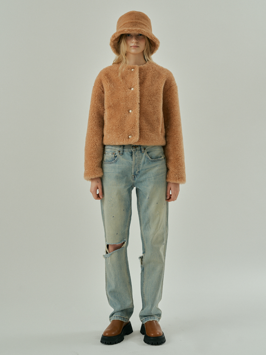 CRAYON crop soft fur jacket [camel]